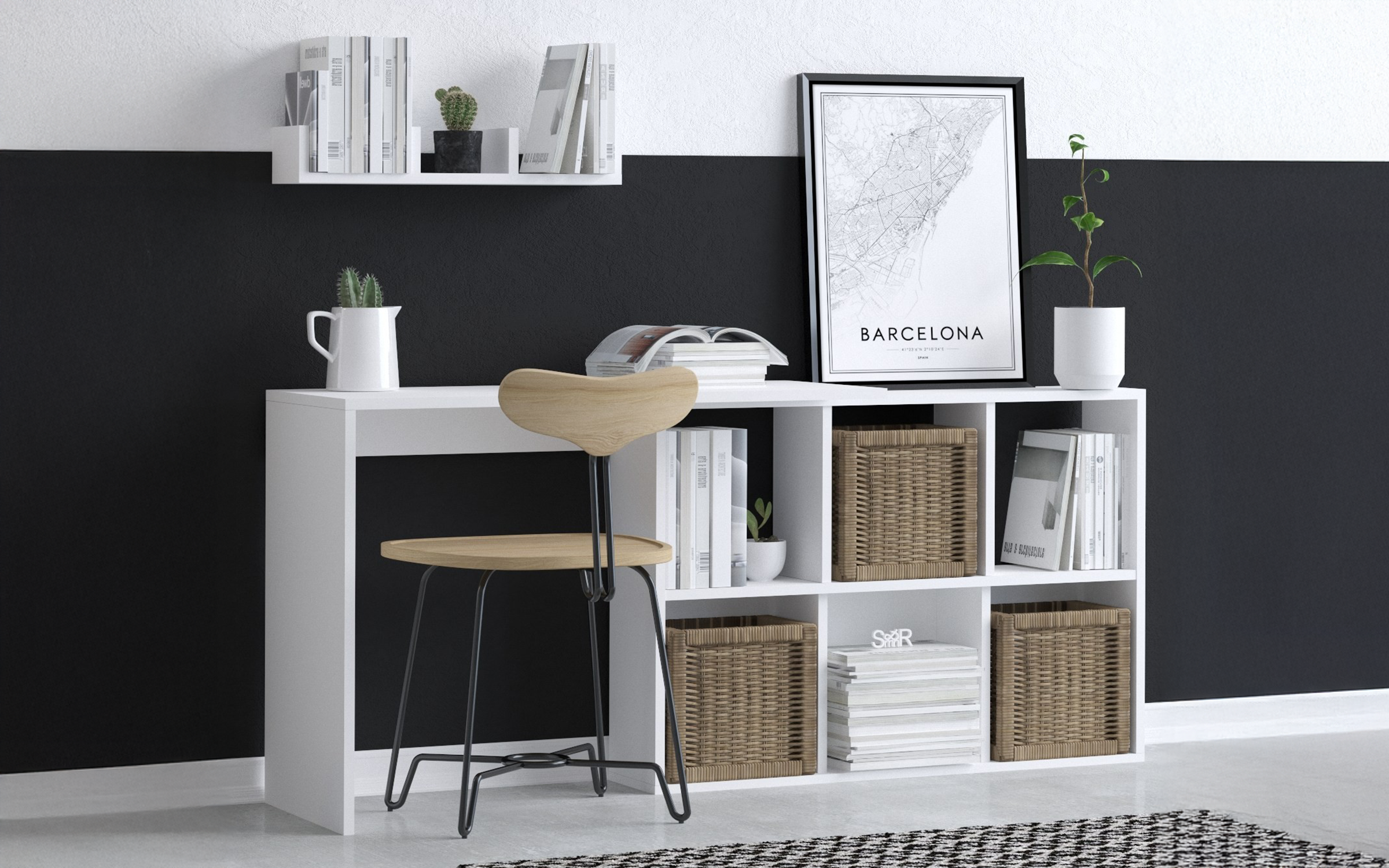 Birou cu etajera Jack, alb + stejar  2